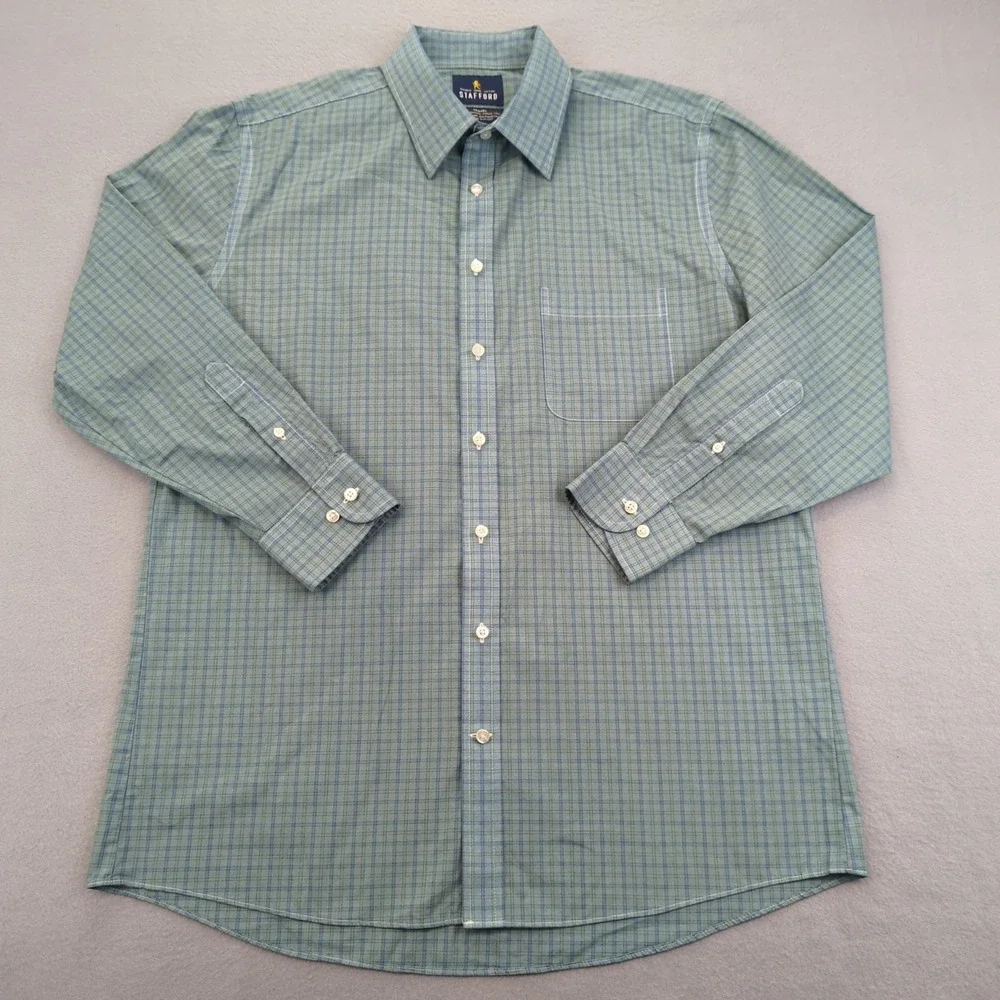 Stafford Shirt Mens 16.5 Fitted‎ Blue Green Plaid Long Sleeve Performance Dress - Picture 2 of 10